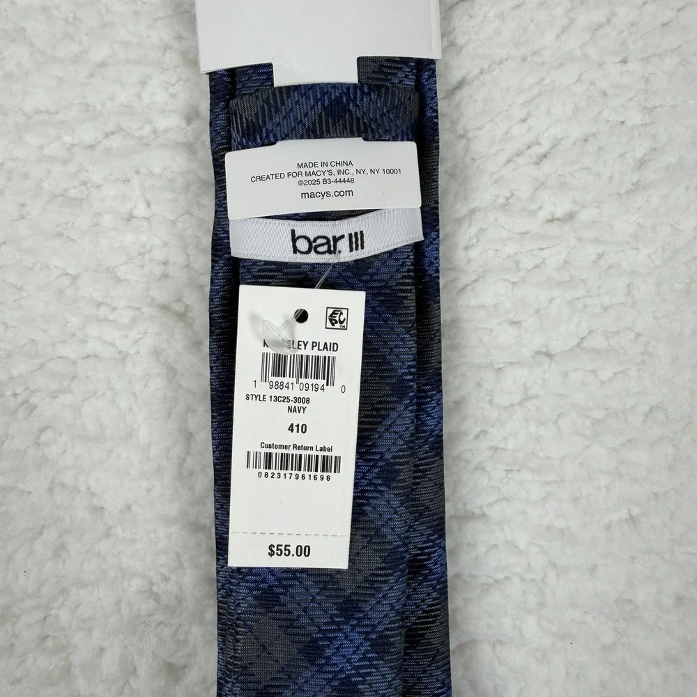 Bar III Men's Polyester Tie ~ Navy ~ Kingsley Plaid ~ NEW MSRP: $55.
